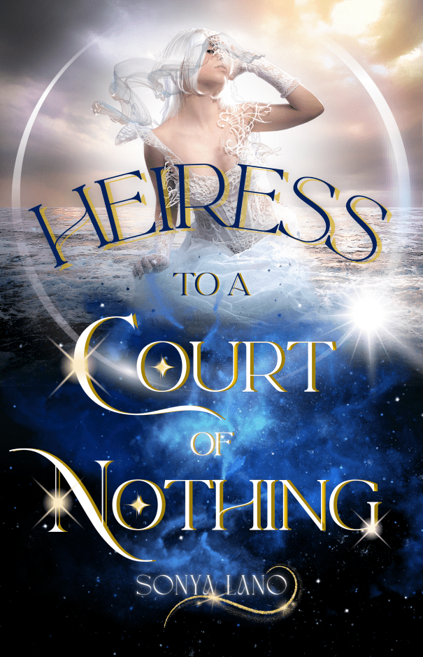 book cover for Heiress to a Court of Nothing with girl standing in ocean