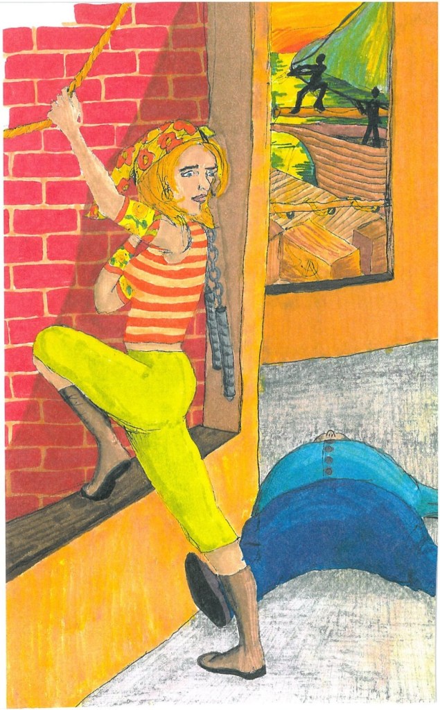 Warrior woman about to swing on a rope out the window