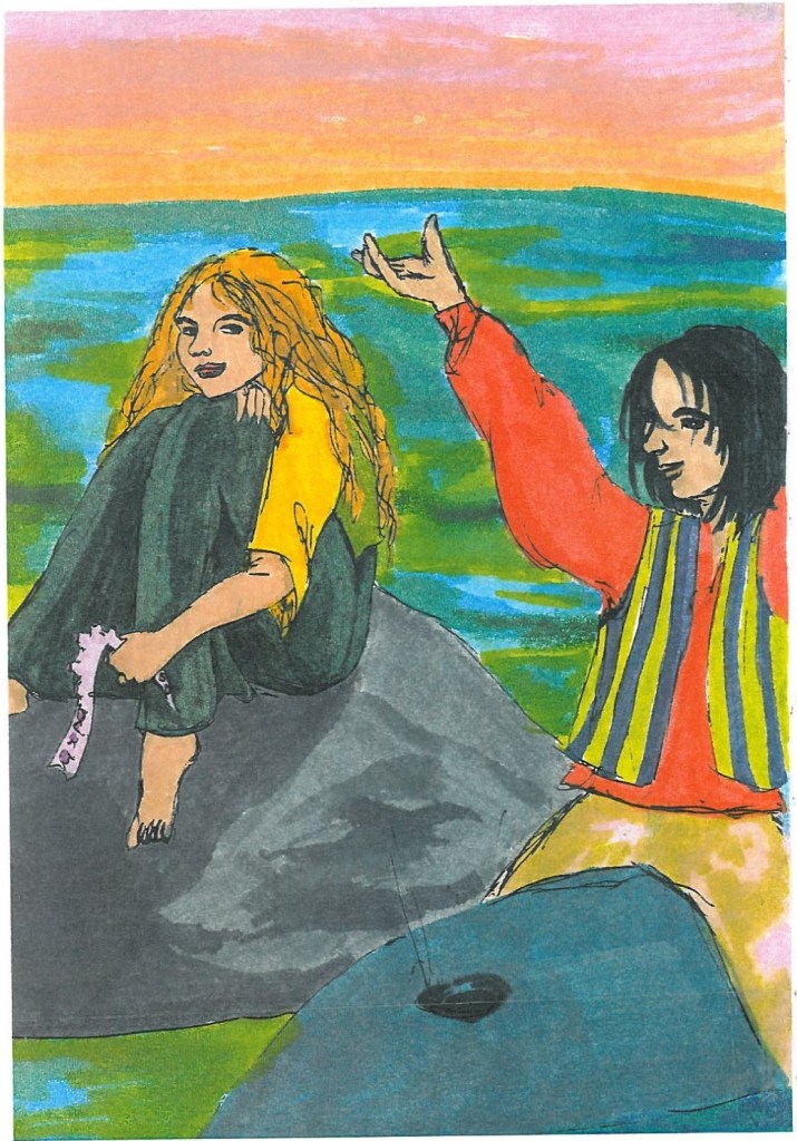 illustration of girl on rock holding tentacle, a boy on a whale making a sign of triumph beside her