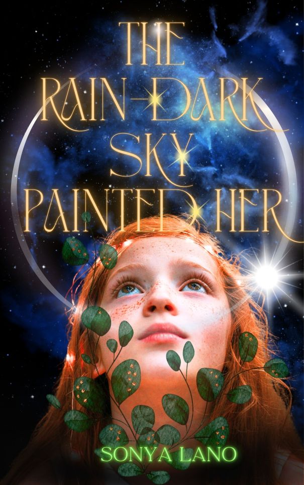 Book cover for The Rain-Dark Sky Painted Her, with a girl looking up surrounded by leaves